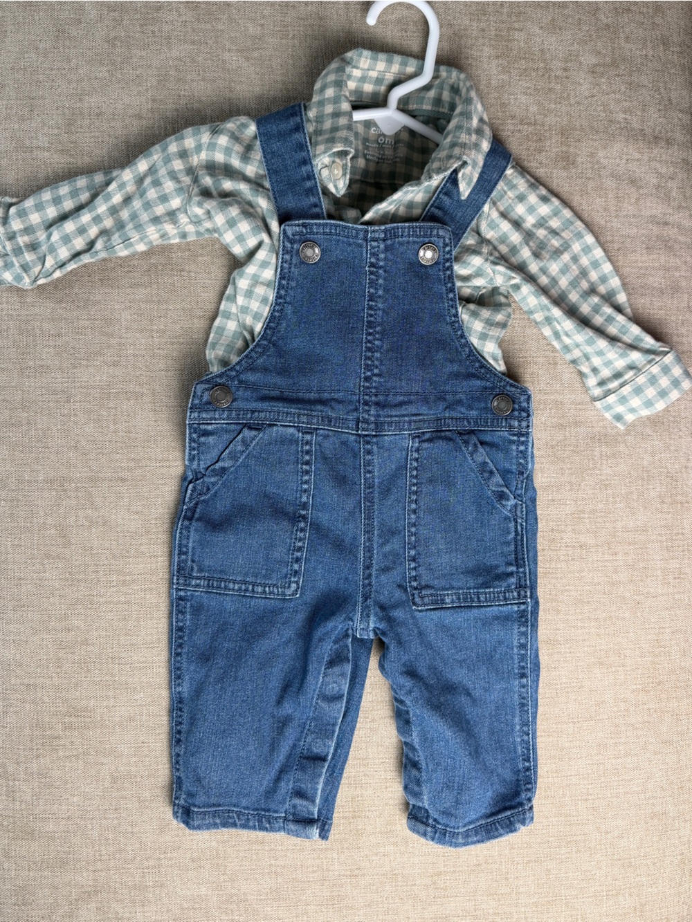 Carter's Blue Denim Overalls with Green Plaid Shirt